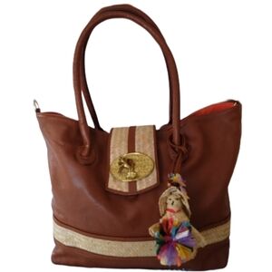 NADIA IRENA BROWN LEATHER & STRAW TOTE HANDBAG FROM THE BAHAMAS Retails:$500